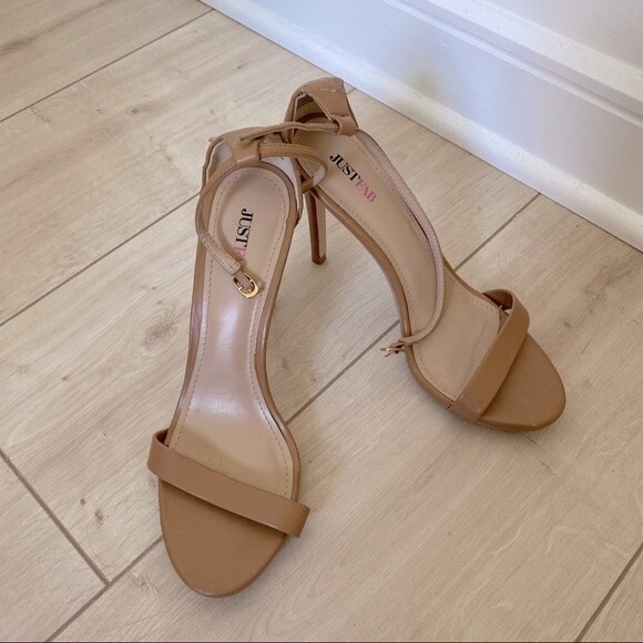 JustFab Shoes Heels Rosey Tan Light Brown Nude Ankle Strap Open Toe Neutral 8 - Picture 1 of 6